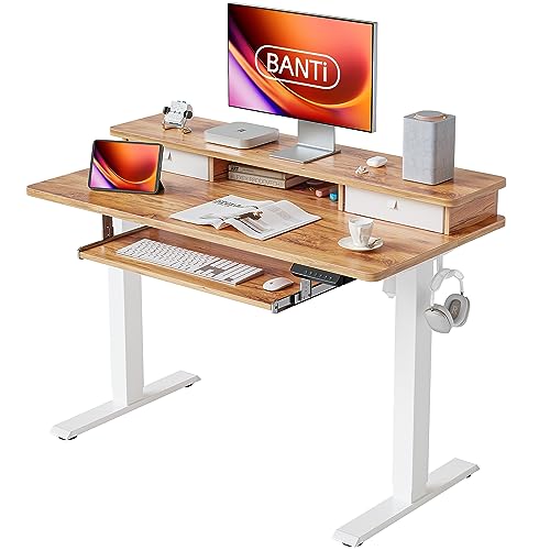 BANTI 48'' Height Adjustable Electric Standing Desk with Keyboard Tray, Home Office Desk Computer Workstation with Storage Shelf, Sit Stand Desk, Light Rustic Top - with Keboard Tray - 48 inch - Light Rustic