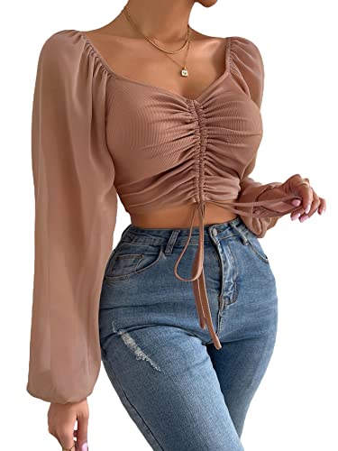 Verdusa Women's Sweetheart Neck Drawstring Ruched Lantern Sleeve Crop Top Blouse - Medium - Dusty Pink