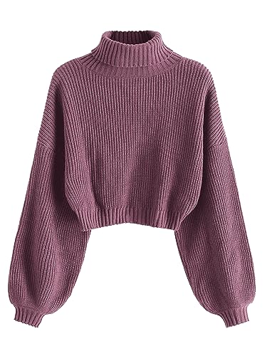 ZAFUL Women's Cropped Turtleneck Sweater Lantern Sleeve Ribbed Knit Pullover Sweater Jumper - Small - 2-purple