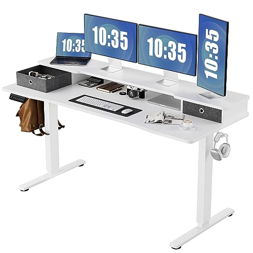Sweetcrispy Electric Standing Desk with Double Drawer - 63 x 24 inch Adjustable Height Sit to Stand Up Desk with Storage Shelf, Rising Home Office Computer Table with Splice Board - White With Double Drawer & Shelf - 63IN x 24IN