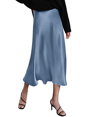 Zeagoo Womens Midi Skirt High Waisted Solid Satin Dress Zipper Elegant Work Skirts - Clear Blue - Medium