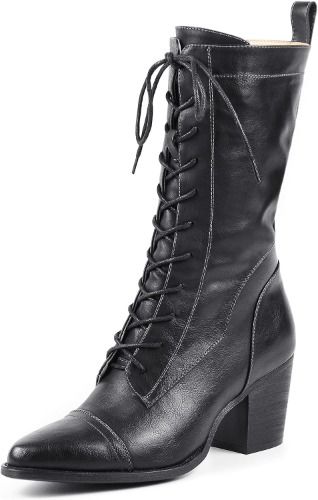 UTIKLIOU Women's Mid Calf Boots Lace up Combat Boots Leather Side Zipper Winter Boots Faux Fur Lining - 6 Black
