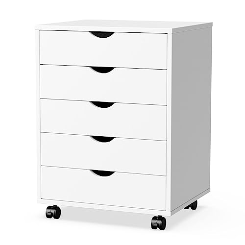 Sweetcrispy 5 Drawer Chest- Dressers Storage Cabinets Wooden Dresser White Mobile Cabinet with Wheels Room Organizer Rolling Small Drawers Wood Organization Furniture for Office, Home - 5-Drawer - White