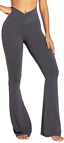 Sunzel Flare Leggings, Crossover Yoga Pants with Tummy Control, High-Waisted and Wide Leg - 30" Inseam - Medium - Dark Grey