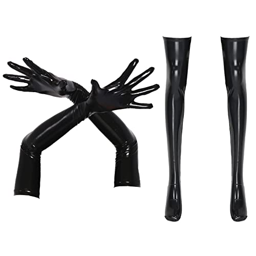 Loloda Women's PVC Latex Thigh High Stokings Sexy Tights with Moulded Full Fingers Gloves Set - Red Medium