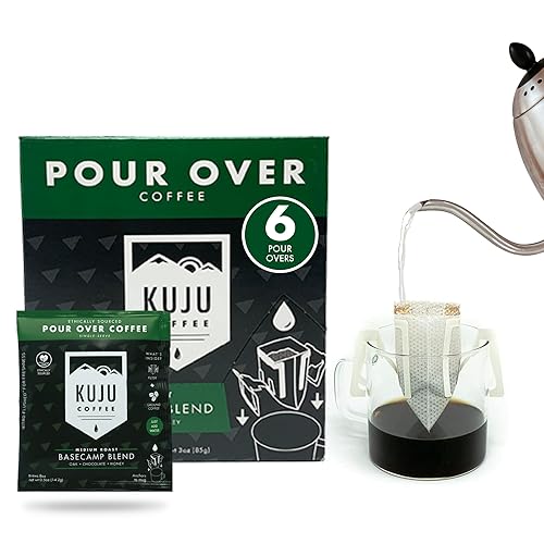 Kuju Coffee Premium Pour Over Camping Coffee Singles - 6 Pack Basecamp Blend, Medium Roast - Superior Instant Pocket Coffee for Backpacking, Travel, and Camp - Basecamp Blend - 0.5 Ounce (Pack of 6)