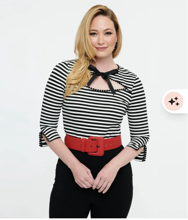 1950s Black & White Stripe Cutout Neck Tie Top