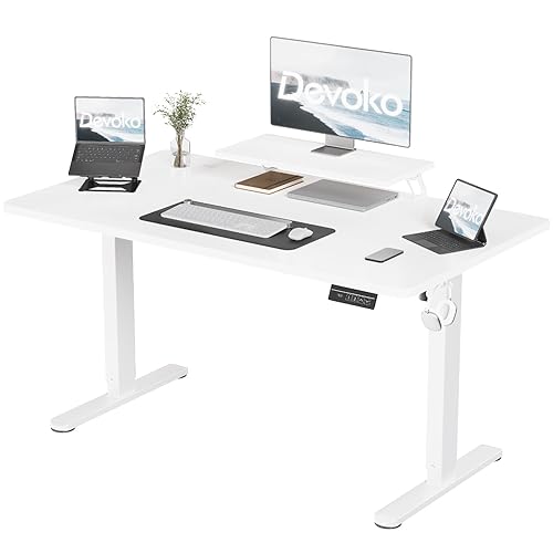 Devoko 160 × 70 cm Bureau Assis Debout avec Support d'écran, Bureau Réglable en Hauteur avec 2 Hauteur de Mémoire, pour l'étude et Bureau（Blanc,160cm） - 160 × 70 cm - Blanc