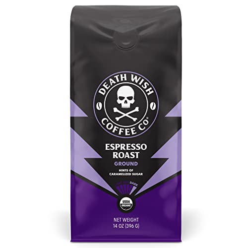 Death Wish Coffee, Organic and Fair Trade Espresso Roast Ground Coffee, 14 oz - Espresso Roast - 14.00 Ounce (Pack of 1)