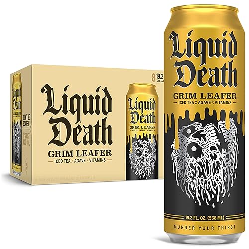 Liquid Death, Grim Leafer Iced Tea, 8-Pack (King Size 19.2oz Cans), Southern Style Sweet Tea Sweetened With Real Agave, B12 & B6 Vitamins, Low Calorie & Low Sugar - Grim Leafer - 8 Pack