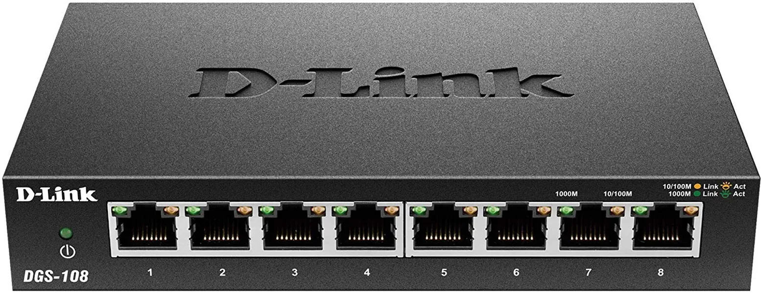 D-Link Ethernet Switch, 8 Port Gigabit Unmanaged Metal Fanless Desktop or Wall Mount Design (DGS-108) - 8-Port Gigabit Switch