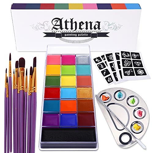 UCANBE Athena Face Body Paint Oil Makeup Set, 20 Colors FX Halloween Party Painting with Stainless Steel Mixing Palette and Spatula Tool,10 pcs Artist Paintbrushes,Tattoo Stencil Arts Crafts kit - Athena Palette Set
