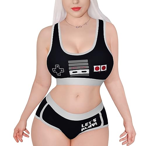 Littleforbig Women Cotton Camisole and Panties Sports loungewear Bralette Set - Let's Play Gamer Girl - XX-Large - Black