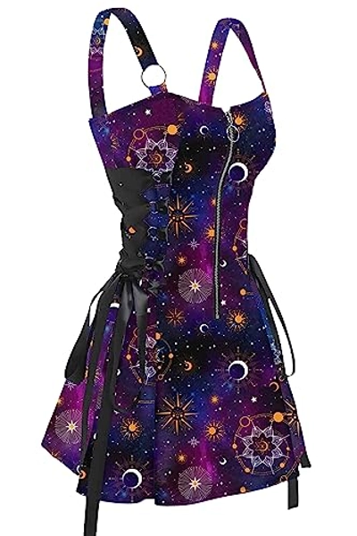 FEAPHY Women's Gothic Dress Galaxy Sun Star Sleeveless Zip Front Lace Up A-Line Mini Dress
