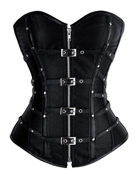 Charmian Women's Gothic Punk Satin Boned Zipper Overbust Corset Top with Buckles