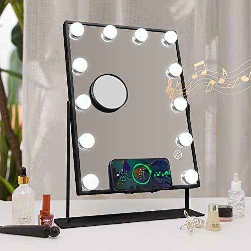 Hansong Vanity Mirror with Lights and Wireless Charging Hollywood Mirror with Lights and Phone Holder 12 LED Bulb Music Speaker Makeup Mirror with Lights 3 Color Lighting Modes Black - Black-upgraded Speaker-12 Bulbs