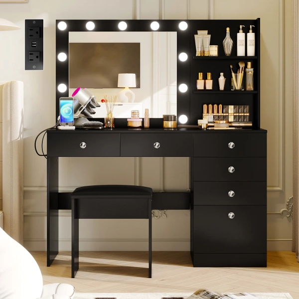 Reyhana Makeup Vanity with Lighted Mirror, Outlets and 6 Drawers