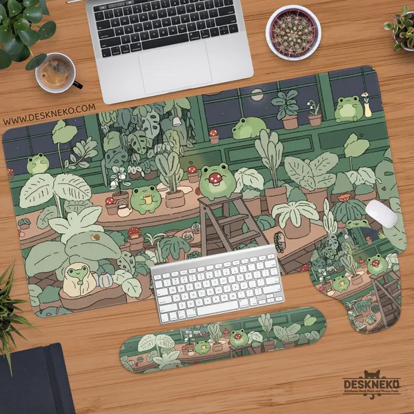 Kawaii frogs Desk Mat, Large gaming Mousepad xl, Cute Mouse Pad Anime Aesthetic, Cozi lofi plants nature green, xxl extended deskmat/playmat