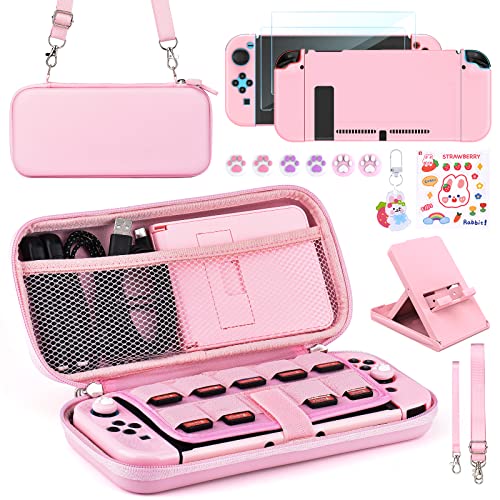 Younik Switch Accessories Bundle, 15 in 1 Pink Switch (NOT OLED/Lite) Accessories Kit for Girls Include Switch Carrying Case, Adjustable Stand, Protective Case for Switch Console & J-Con Pink - Pink