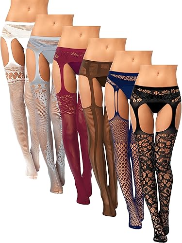 Skylety 6 Pairs Women Fishnet Thigh-High Stockings Tights Suspender Pantyhose Stockings for Women - Medium-Large - White, Grey, Wine Red, Coffee, Navy Blue, Black