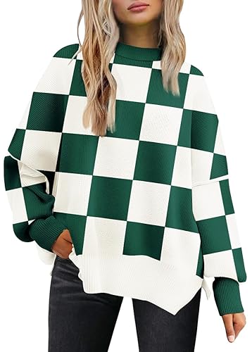 LILLUSORY Women's Oversized Batwing Sweaters 2024 Fall Outfits Crewneck Ribbed Knit Side Slit Trendy Pullover Tops - Medium - Green White