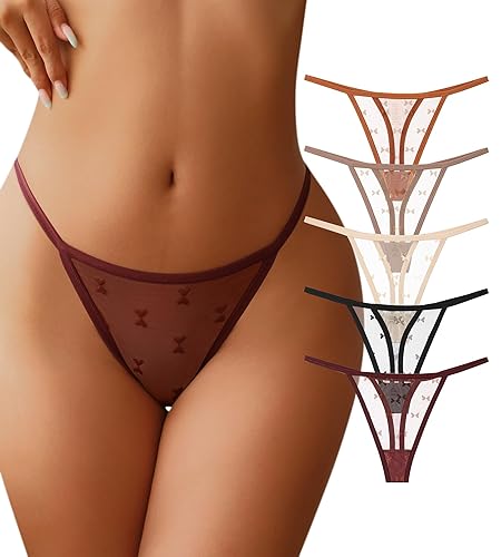 J-pone G-String Thongs for Women T-back Lace Hollow Out Low Waist Thongs Breathable Cheeky Sexy Underwear Panties 5Pack - Medium - 5 Pack Multicolor