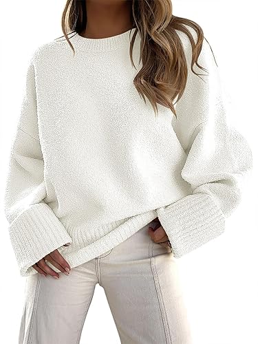ANRABESS Women's Oversized Crewneck Long Sleeve Fuzzy Knit Casual Chunky Warm 2024 Fall Pullover Sweaters Top Trendy Outfits - White - Medium