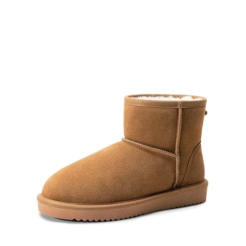 DREAM PAIRS Snow Boots for Women Genuine Suede Faux Fur Lining Classic Water Resistant Anti-Slip Warm Winter Booties Slip On Memory Foam Comfort Short Ankle Boots FuzzyClassic Ⅱ Low Boots - 7 - Chestnut