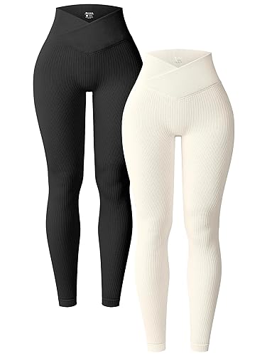 OQQ Women's 2 Piece Yoga Leggings Ribbed Seamless Workout High Waist Cross Over Athletic Exercise Leggings - Medium - Black,beige