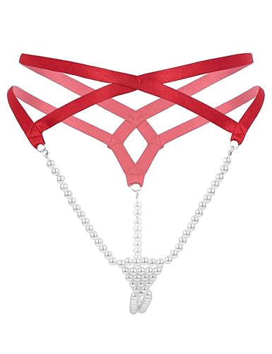 TiaoBug Womens Micro Pearls G-String Lingerie Thong Panty Sexy Night Lingerie Underwear - One Size - Red B