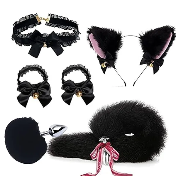 Anal Plug Butt Plug, 6Pcs/Set Sex Fox Tail Anales Plug Toys Butt Plugs with Cat Ears Headband and Necklace Metal Anal Sex Toys for Women Man Beginners Adult Couples