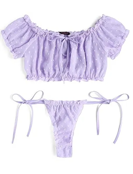 Avidlove Bra and Panty Set Ruffle Lingerie Set Mesh Babydoll Chemise - XX-Large - Lavender