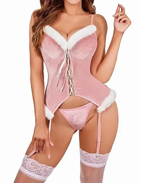 Avidlove Christmas Lingerie for Women Velvet Lingerie Santa Lingerie Set with Garter Belt(No Stockings) - Large - Pink