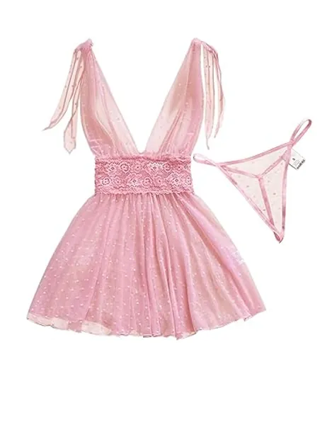 Lilosy Sexy Polka Dots Mesh Sheer Lace Babydoll Chemise Lingerie Set Floral Lace Nightwear - Medium - Pink