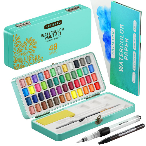 ARTISTRO Watercolor Paint Set, 48 Vivid Colors in Portable Box, Including Metallic and Fluorescent Colors. Perfect Travel Watercolor Set for Artists, Amateur Hobbyists and Painting Lovers