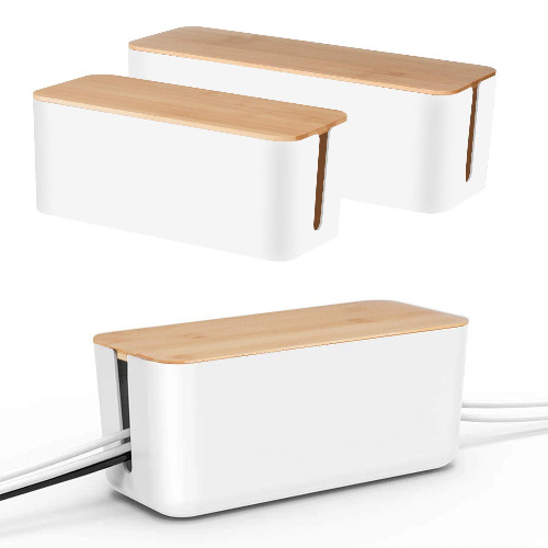 Set of Two Cable Management Box by Baskiss, Bamboo Lid, Cord Organizer for Desk TV Computer USB Hub System to Cover and Hide & Power Strips & Cords (White) / Black