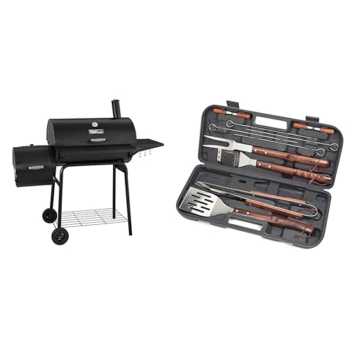 Royal Gourmet CC1830S 30" BBQ Charcoal Grill and Offset Smoker | 811 Square Inch cooking surface, Outdoor for Camping | Black & Cuisinart CGS-W13 Wooden Handle Tool Set, Black (13-Piece) - Grill & Smoker + Grilling Set