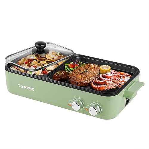 Topwit Hot Pot Electric with Grill, 2 in 1 Indoor Non-Stick Electric Pot and Griddle for Korean BBQ, Steaks, Shabu Shabu and Noodles, Independent Dual Temperature Control, Fast Heating, Green - Green