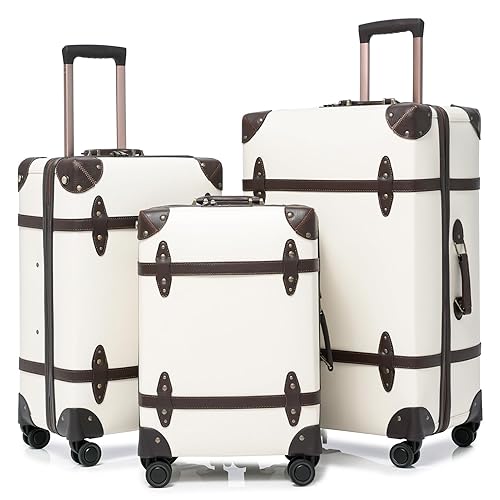 NZBZ Vintage Luggage Sets for Women, 3 Piece Faux Leather Retro Luggage Sets, Retro Lightweight Spinner Suitcases, Vintage Suitcase Set (White, 20inch & 24inch & 28inch) - 20inch & 24inch & 28inch - White