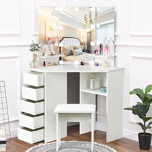 VOWNER Vanity Desk with Mirror and Lights - Vanity with 3 Lighting Options, Adjustable Brightness, Vanity Set with 5 Sliding Drawers, Shelves and Vanity Stool, Corner Vanity for Women Girls, White 43" - White