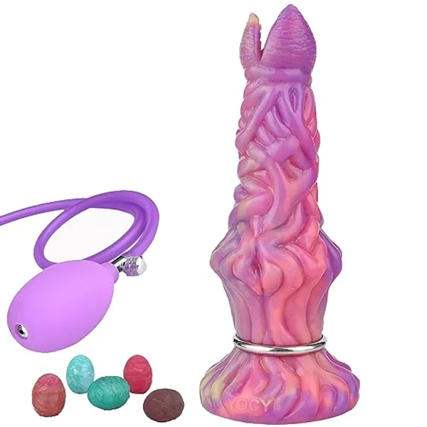Alien Ovipositor Dildo with 5 Balls, 8 Inch Luminous Silicone Dildo with 5 Eggs for Women, Men, Couples Adult Sex Toy, Fantasy Knot Dildo Glow in The Dark Harness Compatible - Purple Inflatable Pump