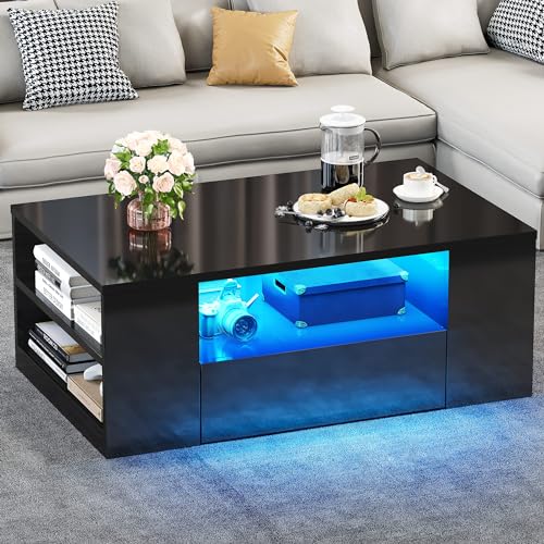 YITAHOME Modern Coffee Tables for Living Room, High Gloss LED Coffee Table, Storage Coffee Table, Small Coffee Table, Wood Center Table with 2 Sliding Drawers and Open Side Shelf,Black - Black