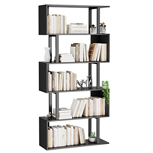 Gadroad 5-Tier Geometric Bookcase,S Shaped Bookshelf, Wood Decorative Storage Shelving, Modern Freestanding Display Shelves, Tall Book Shelf Unit for Living Room Bedroom, Black - 5 Tier - Black
