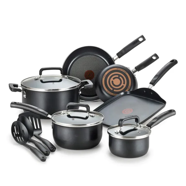 T-fal Signature Nonstick Dishwasher Safe Cookware Set, Pots and Pans Set, 12-Piece, Black - Nonstick