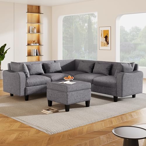 Merax Modern Sectional Sofa with Movable Storage Ottoman,Convertible 6-Seat L-Shape Corner Sectional Sofa Couch,U Shaped Sectional Sofa for Living Room,Apartment,Gray - 87" - Grey