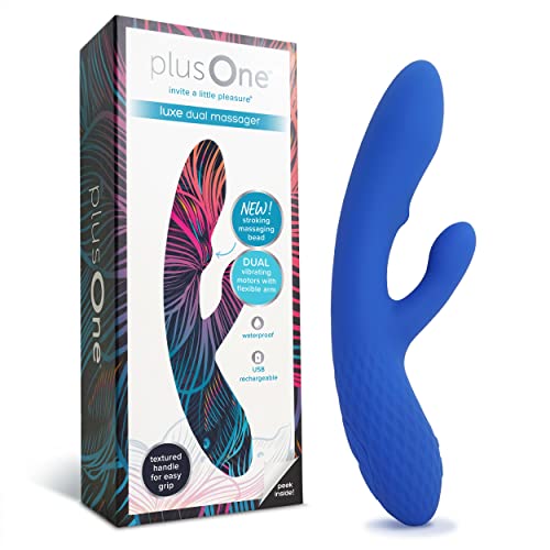 plusOne Luxe Dual Rabbit Vibrator for Women with Stroking Massage Bead - Made of Body-Safe Silicone, Fully Waterproof, USB Rechargeable - Dual Vibrating Massager with 10 Vibration Settings - Blue - Luxe Dual Vibrator