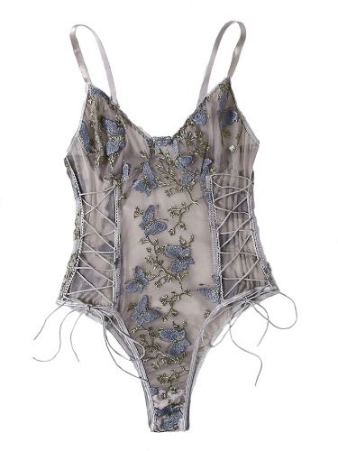 Lilosy Women Sexy Lace Up Floral Embroidered Teddy Lingerie Bodysuit Top Mesh Sheer One Piece - Large Butterfly Gray
