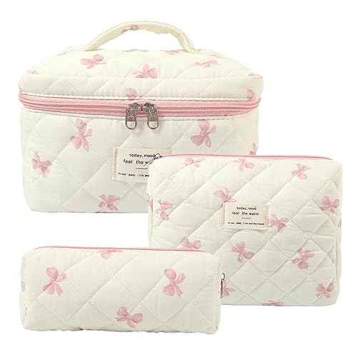 AMZMA Makeup Bag, 3 PCS Quilted Makeup Bag, Cute Floral Cotton Cosmetic Bag set, Coquette Makeup Pouch Large Travel Toiletry Bag - Bow2-Pink