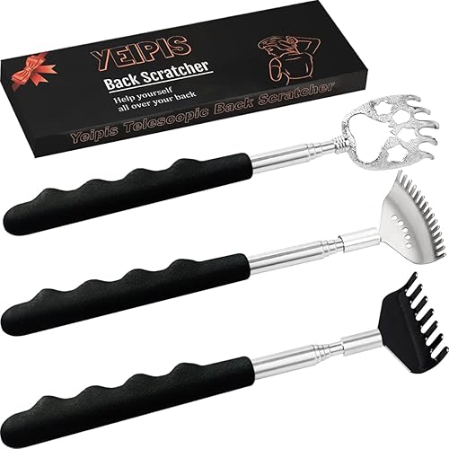 Yeipis 3 Pack Different Back Scratcher Metal Portable Telescoping with Rubber Handles, Extendable Back Massager Tool with Beautiful Box, Stocking Stuffers for Men Women Kids Adults (Black) - Black