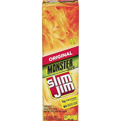 Slim Jim Monster Smoked Meat Sticks, Original Flavor, 11g Protein Per Stick, 1.94 oz. (18 Count) - Original